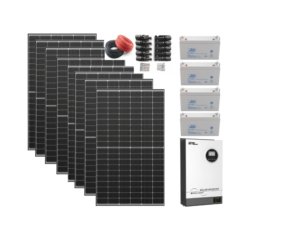 pachet 5kw ,9 panouri 540 canadian solar hiku6 invertor 5,2 kw hybird pro, 4 acumlatori 120a, mufe mc4 si cabluri 20mx4mm
