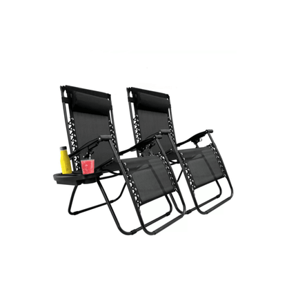 set 2xScaune Tip Sezlong Pliabil Gravitatie Zero Pentru Terasa, Gradina Sau Plaja , Tetiera, Suport Bauturi, Reglabil, Negru