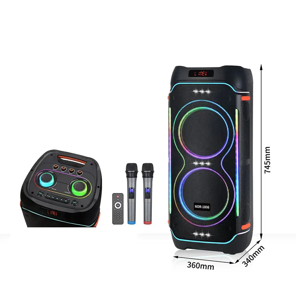 Boxă Portabilă JRH Party3000 – 800W, 2 Difuzoare de 12”, Full LED Dinamic, 2 Microfoane Wireless + Telecomandă