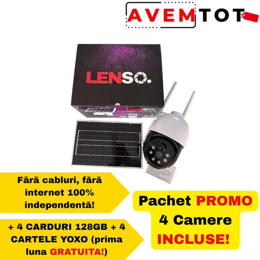 PACHET X 4 Camera Supraveghere LENSO Solara Cartela SIM 5 MP + 4 CARDURI 128GB + 4 CARTELE YOXO