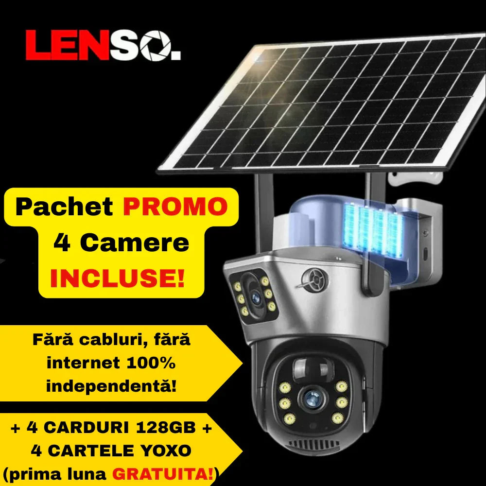 Pachet x 4 Camera Supraveghere LENSO 4G Dubla + 4 CARDURI 64GB + 4 CARDURI 128GB + 4 CARTELE YOXO