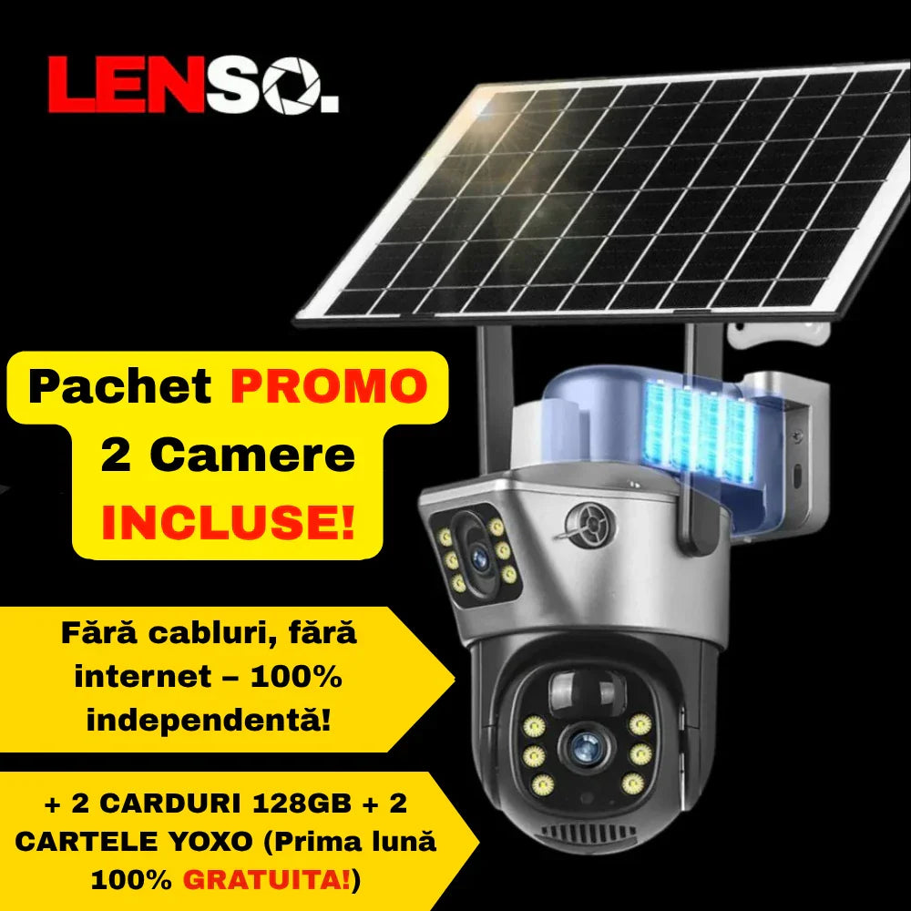 Pachet Promo: 2 x Camera Supraveghere LENSO 4G Duală + 2 Carduri 128GB + 2 Cartele YOXO CADOU!