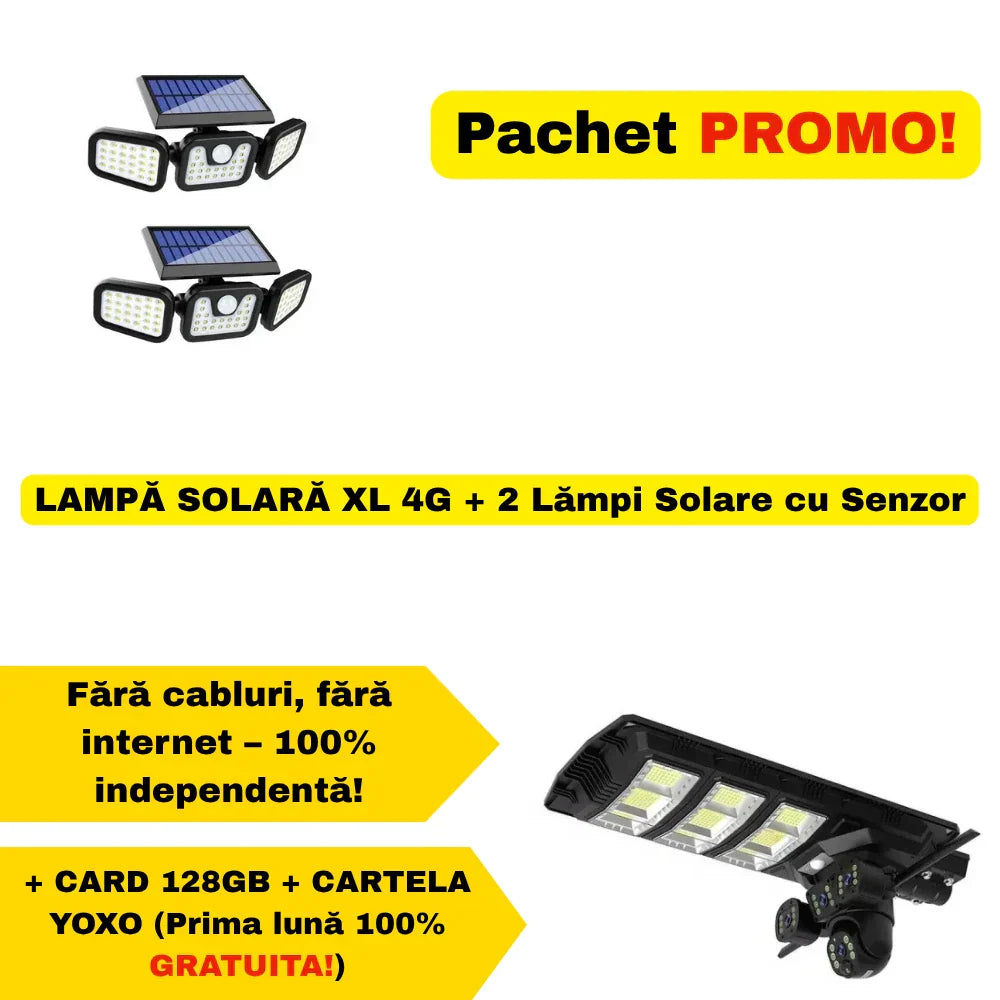 PACHET LAMPĂ SOLARĂ XL 4G + 2 Lămpi Solare cu Senzor + Card 128 GB + Cartelă YOXO!