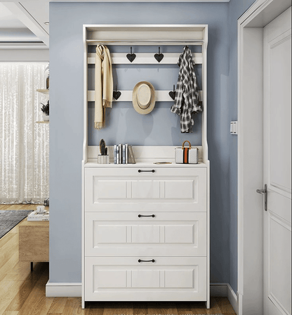 Set Mobilier Hol Alb, Pantofar Slim 3 Sertare și Cuier, Stil Scandinav, 85x24x208 cm