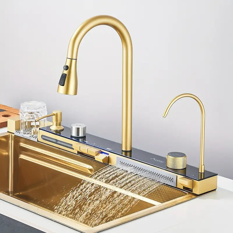 Chiuveta Bucatarie Multifunctionala cu LED, Inox, Auriu + CADOU SCURGATOR VASE