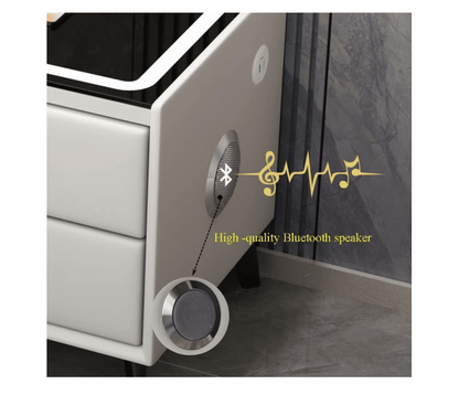 Noptiera inteligenta cu incarcare wireless, lumini LED reglabile, difuzore Bluetooth, 2 sertare de depozitare