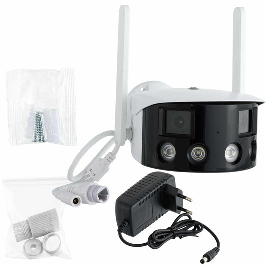 Camera de supraveghere WIFI EVKVO Q1-8X, 8MP, exterior/interior, Ultra HD 4K, lentila duala 180° Unghi de vizualizare ultra larg, zoom 5X, LED-uri luminoase, comunicare bidirectionala, senzor de miscare, Onvif, alb