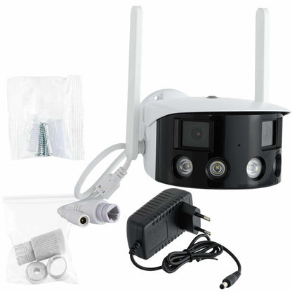Camera de supraveghere WIFI EVKVO Q1-8X, 8MP, exterior/interior, Ultra HD 4K, lentila duala 180° Unghi de vizualizare ultra larg, zoom 5X, LED-uri luminoase, comunicare bidirectionala, senzor de miscare, Onvif, alb