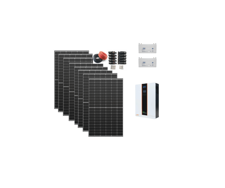 pachet 3kw one invertor : 5 panouri jrh 550w + 2 acmlatori 120ah12v + 1 invertor 3kw 80amppt + 20m/4mm si 10 mufe mc4