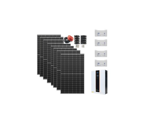 pachet 5kw hybird, 9 panouri jrh 550w + 4 acmulatori 120ah12v + invertor 5kw + cabluri si mufe