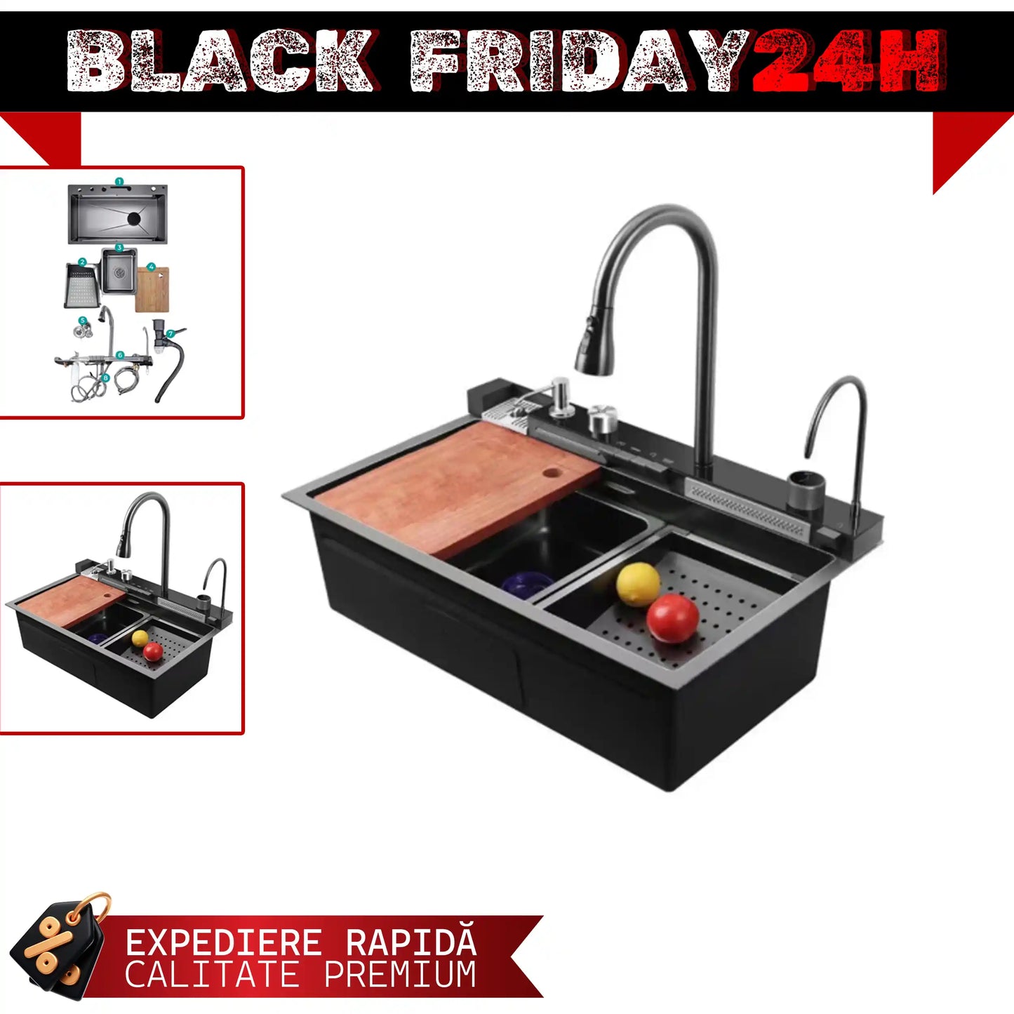 Chiuvetă de bucatarie multifunctionala otel inoxidabil LED 70x45x25