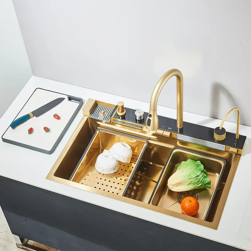 Chiuveta Bucatarie Multifunctionala cu LED, Inox, Auriu + CADOU SCURGATOR VASE