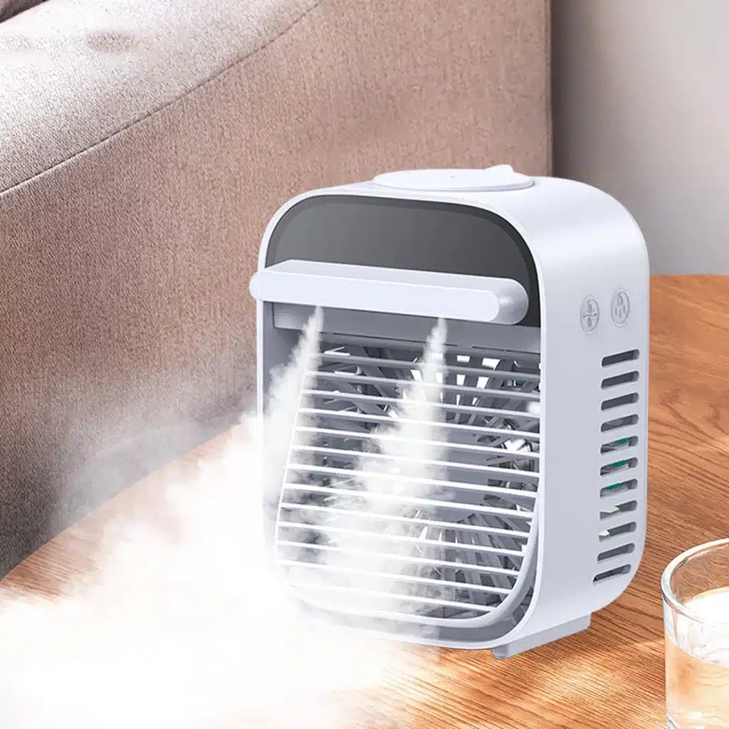 Mini Racitor aer portabil, air cooler, JRH, 3 functii racire, umidificare, purificare aer, lumina LED 7 culori, Alimentare USB, Alb