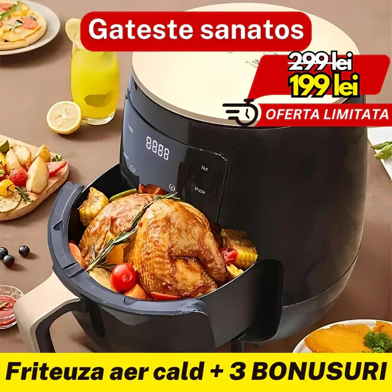 Friteuza cu aer cald AirFryer 3000W, capacitate 6L si afisaj digital + 100 hartii de copt cadou