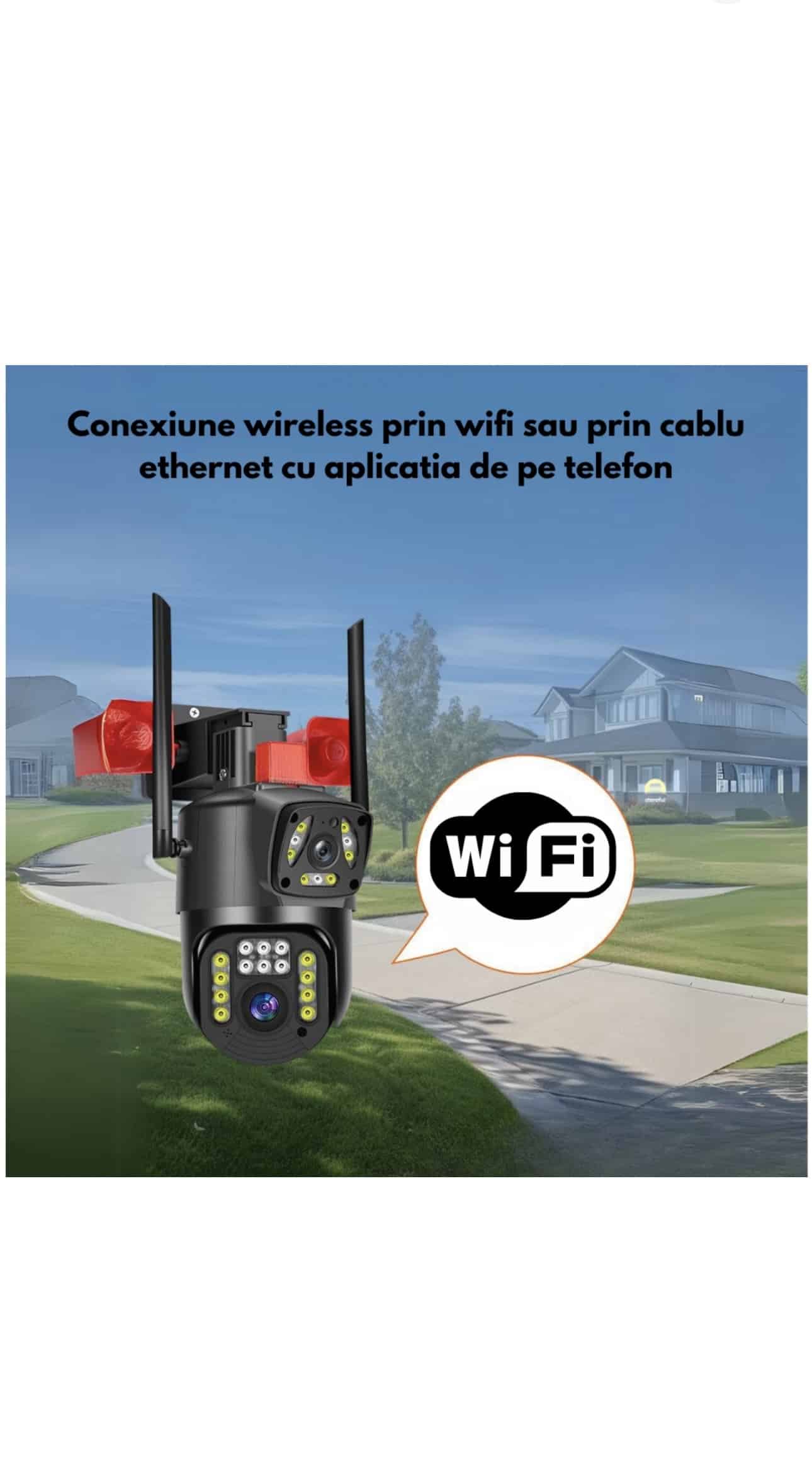 Cameră Supraveghere Wi-Fi JRH V380 cu LED-uri, Goarnă Dublă, Lumină Alarmă Puternică, Senzor de Mișcare, Audio Bidirecțional, Vedere Nocturnă 1080P PTZ Exterior / Interior