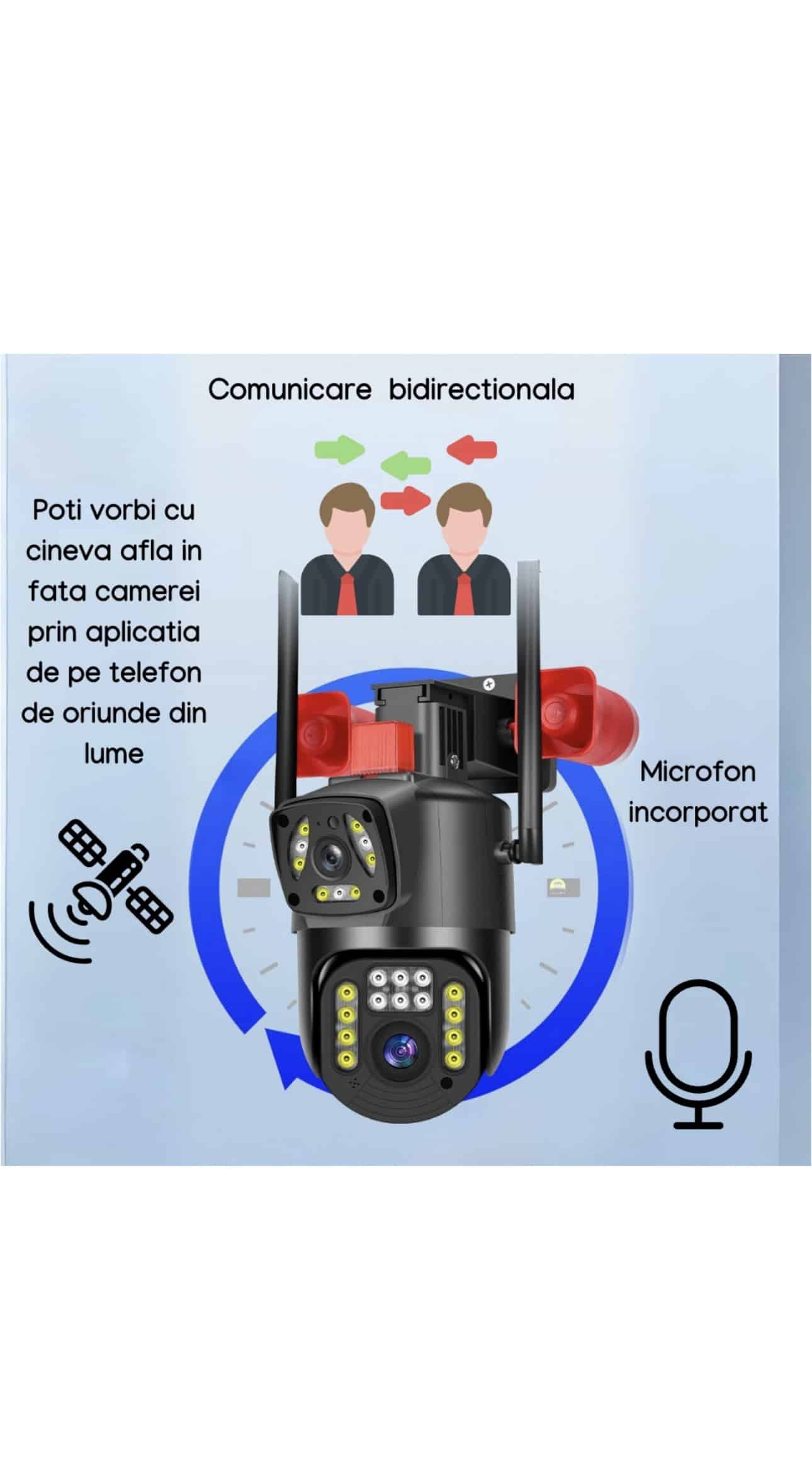 Cameră Supraveghere Wi-Fi JRH V380 cu LED-uri, Goarnă Dublă, Lumină Alarmă Puternică, Senzor de Mișcare, Audio Bidirecțional, Vedere Nocturnă 1080P PTZ Exterior / Interior