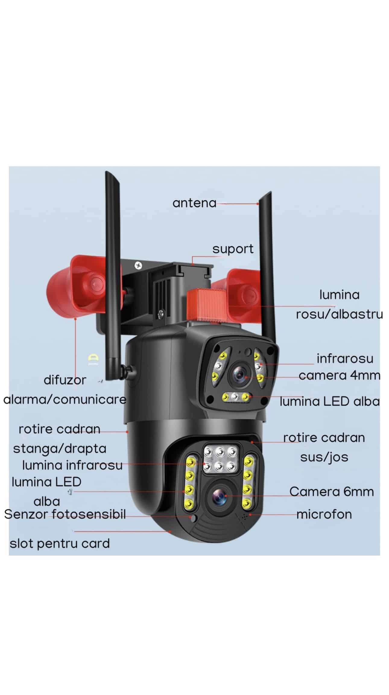 Cameră Supraveghere Wi-Fi JRH V380 cu LED-uri, Goarnă Dublă, Lumină Alarmă Puternică, Senzor de Mișcare, Audio Bidirecțional, Vedere Nocturnă 1080P PTZ Exterior / Interior