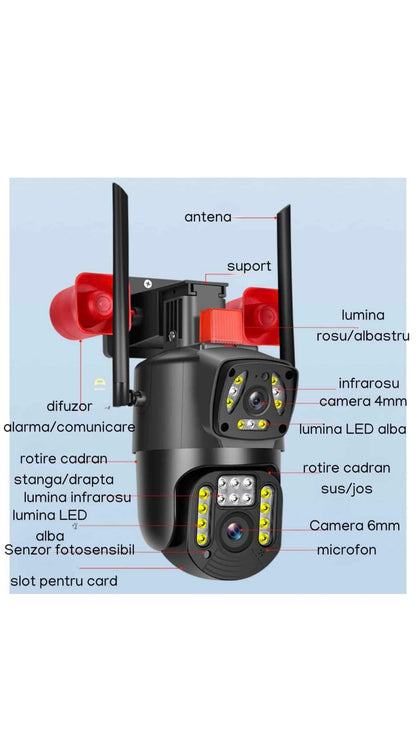 Cameră Supraveghere Wi-Fi JRH V380 cu LED-uri, Goarnă Dublă, Lumină Alarmă Puternică, Senzor de Mișcare, Audio Bidirecțional, Vedere Nocturnă 1080P PTZ Exterior / Interior