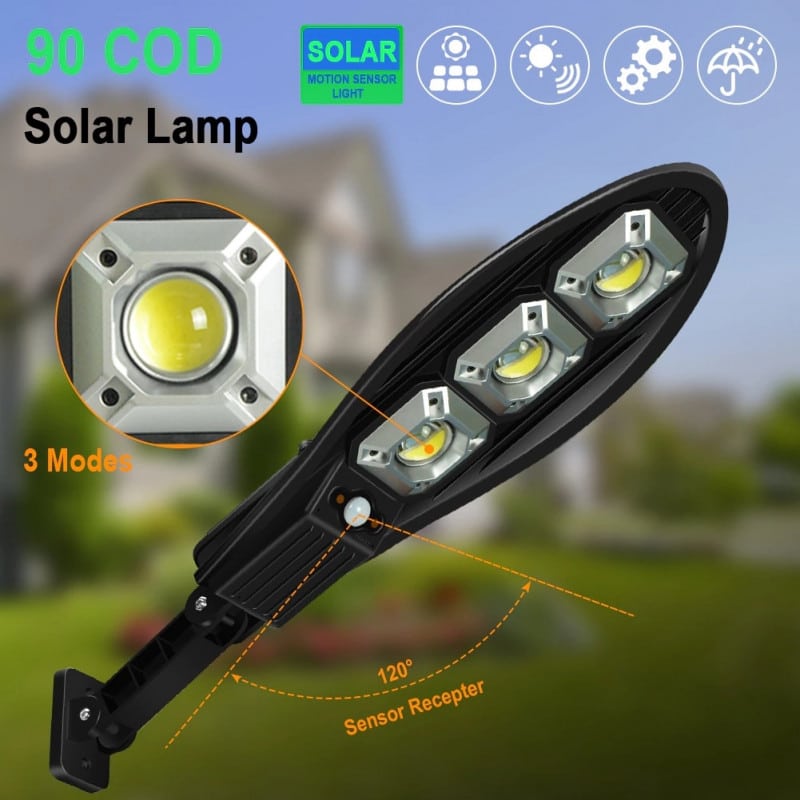 Lampa solara stradala Set de 4, COB, 90 x LED, 3 moduri de functionare, buton ON/OFF, cu telecomanda