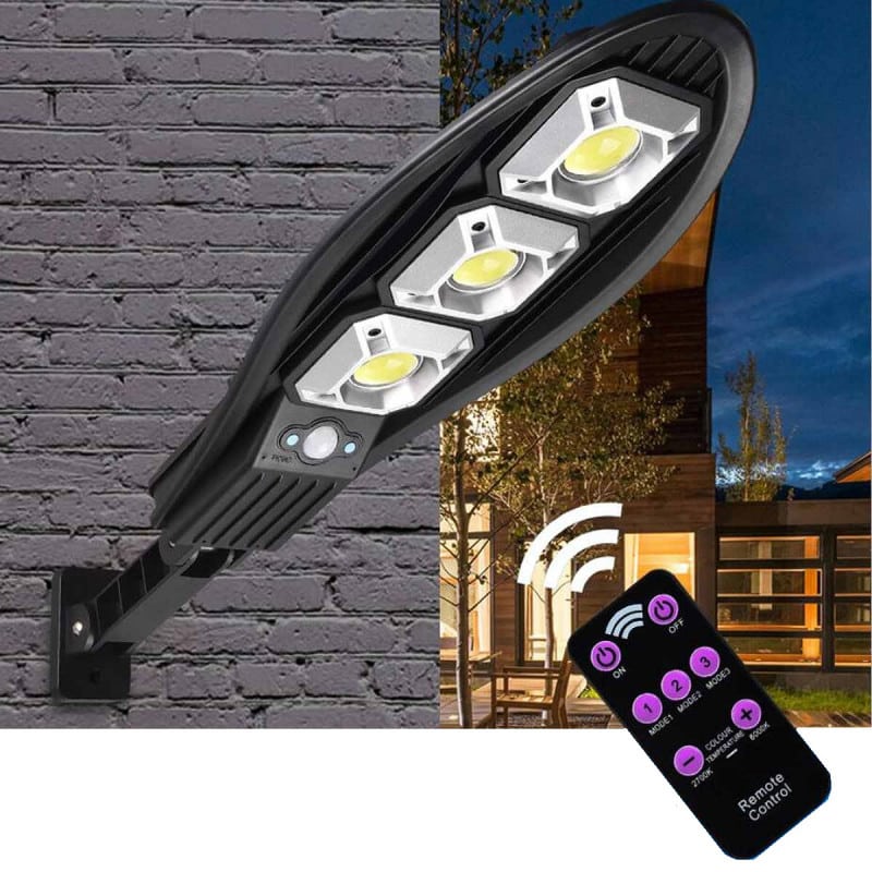 Lampa solara stradala Set de 4, COB, 90 x LED, 3 moduri de functionare, buton ON/OFF, cu telecomanda