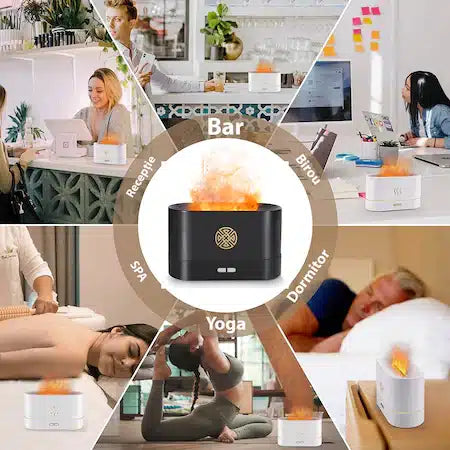 Umidificator de camera HUMID2, efect de flacara, difuzor ultrasonic aromaterapie, 190ml, alb si negru