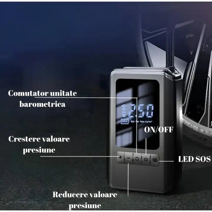 Pompa aer auto electrica JRH, afisaj digital LCD, Lanterna LED, Portabila, Reincarcare USB C, baterie 4000 mAh, Manometru digital, 10.3 bar, Negru
