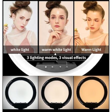 Ring light Lampa circulara LED cu trepied, 46 cm, 3 suporturi de telefon, telecomanda, alimentare 220V, inaltime reglabila trepied