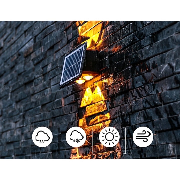 Lampa solara LED bidirectionala dreptunghiulara pentru perete Flippy, 20.5×10 cm, 6 LED-uri, 5.5V, ABS, 500mAh, rezistent la apa IP65, alb cald