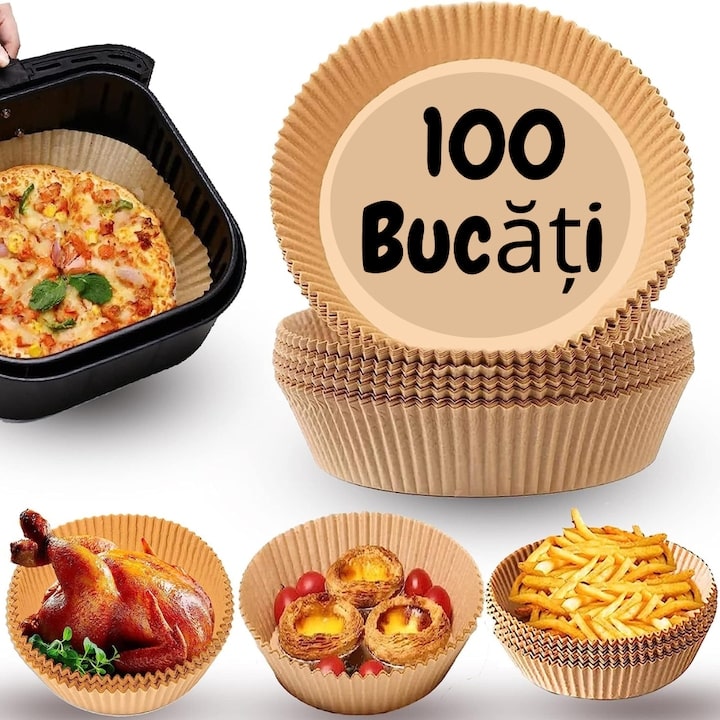 Set 100 bucati hartie de copt pentru air fryer, friteuza, Unica folosinta, 20cmx4.5 cm, Maro, Rotund
