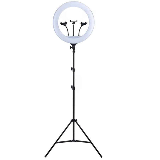 Ring light Lampa circulara LED cu trepied, 46 cm, 3 suporturi de telefon, telecomanda, alimentare 220V, inaltime reglabila trepied