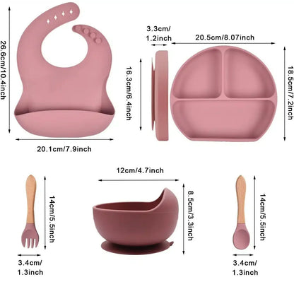 Set 6 piese diversificare bebelusi si copii din silicon baveta, farfurie compartimentata cu ventuza, bol cu ventuza