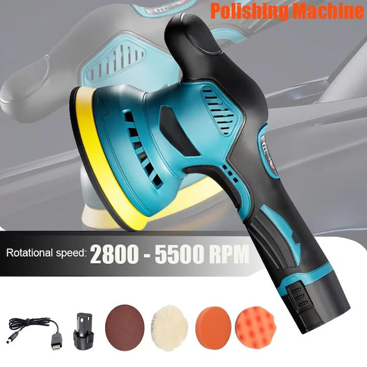 Masina de polisat auto cu accesorii, Portabil, 12V 1500mAh, 5500 Rpm, 8 Viteze, Albastru