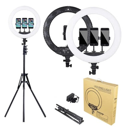 Ring light Lampa circulara LED cu trepied, 46 cm, 3 suporturi de telefon, telecomanda, alimentare 220V, inaltime reglabila trepied