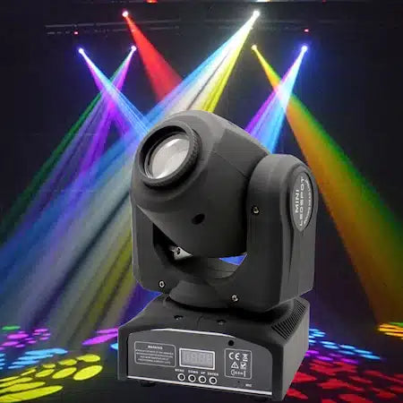 Moving Head Light Profesional , Mini LED Spot, Consum 10W , Dispersie 12°-16° , Intrare DMX XLR , Iesire DMX , Voltaj 100 V AC – 240 V AC, 50 / 60 Hz , Ventilator Silentios Incorporat , Culoare Negru