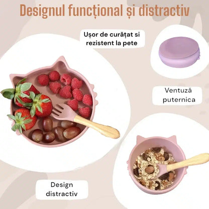 Set 6 piese diversificare bebelusi si copii din silicon baveta, farfurie compartimentata cu ventuza, bol cu ventuza