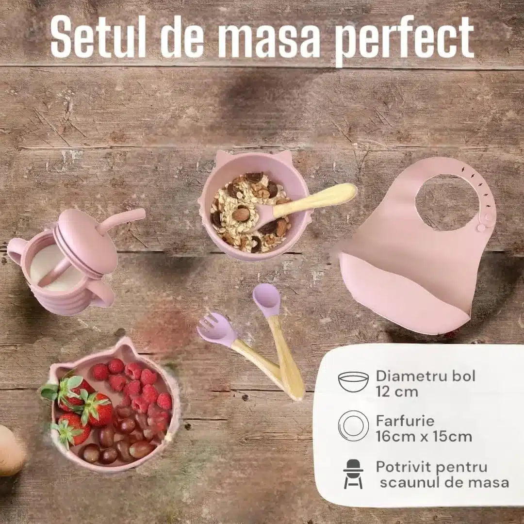 Set 6 piese diversificare bebelusi si copii din silicon baveta, farfurie compartimentata cu ventuza, bol cu ventuza