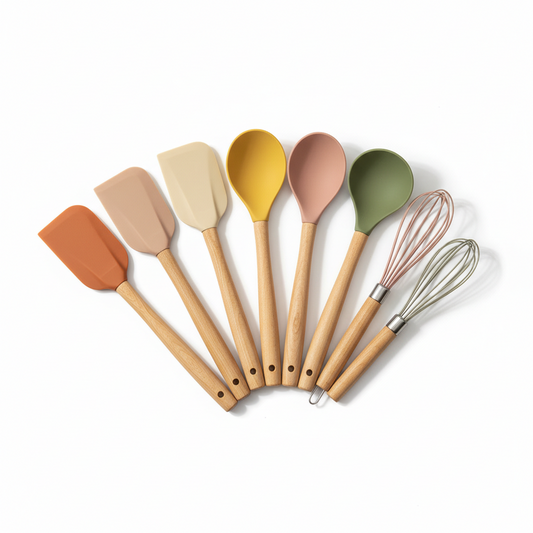 Set ustensile bucatarie 12 piese Lemn si Silicon alimentar Termorezistente Antiaderente Suport Blat negru