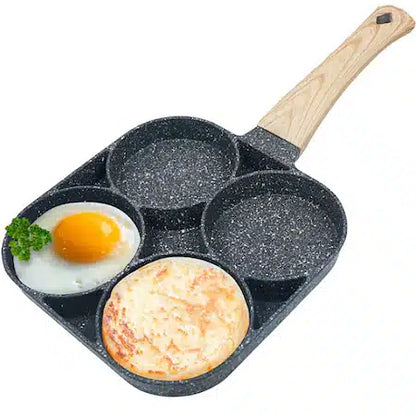 Tigaie Antiaderenta, 4 Compartimente, Preparare Oua, Clatite, Sandwich-uri, Maner din Lemn, Gri Inchis