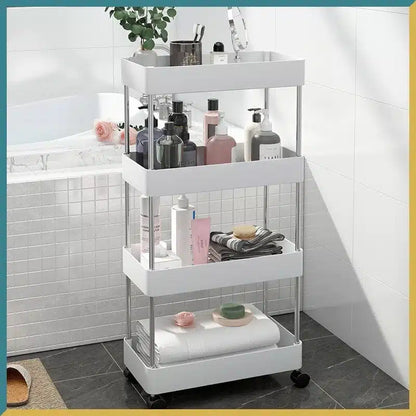 Support cuier Carucior organizator Etajera slim portabil cu 4 rafturi, alb pentru baie si bucatarie cu roti