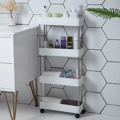 Support cuier Carucior organizator Etajera slim portabil cu 4 rafturi, alb pentru baie si bucatarie cu roti