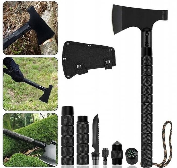 Topor multifunctional, design demontabil, cap din otel carbon