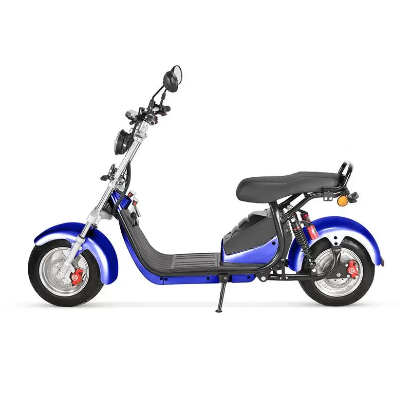Scuter Electric Harley 1500W, pentru 2 persoane, Suspensie fata spate, cu baterie detasabila 20 AH, Furca Dubla, Far led cu indicator baterie, Telecomanda, Alarma, Albastru